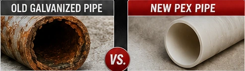 Comparison from M&M Plumbing’s ad: an old galvanized pipe with visible internal corrosion beside a new white PEX pipe